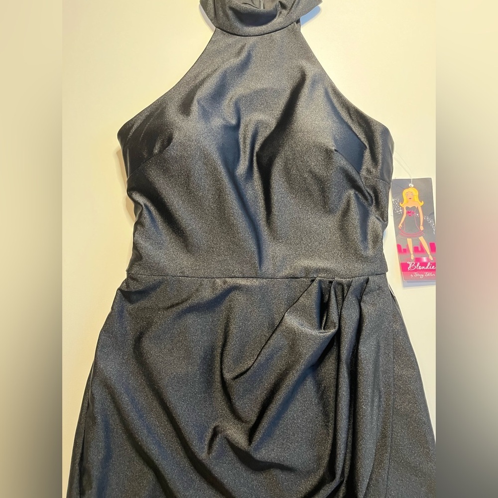 Blondie Nites Black Satin Halter Mini Dress NWT Size 3 - Picture 4 of 12